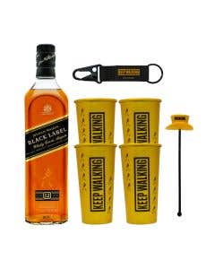 Whisky Johnnie Walker Black Label Blended Scotch 750 ml + 4 Vasos + Agitador + Llavero Con JW